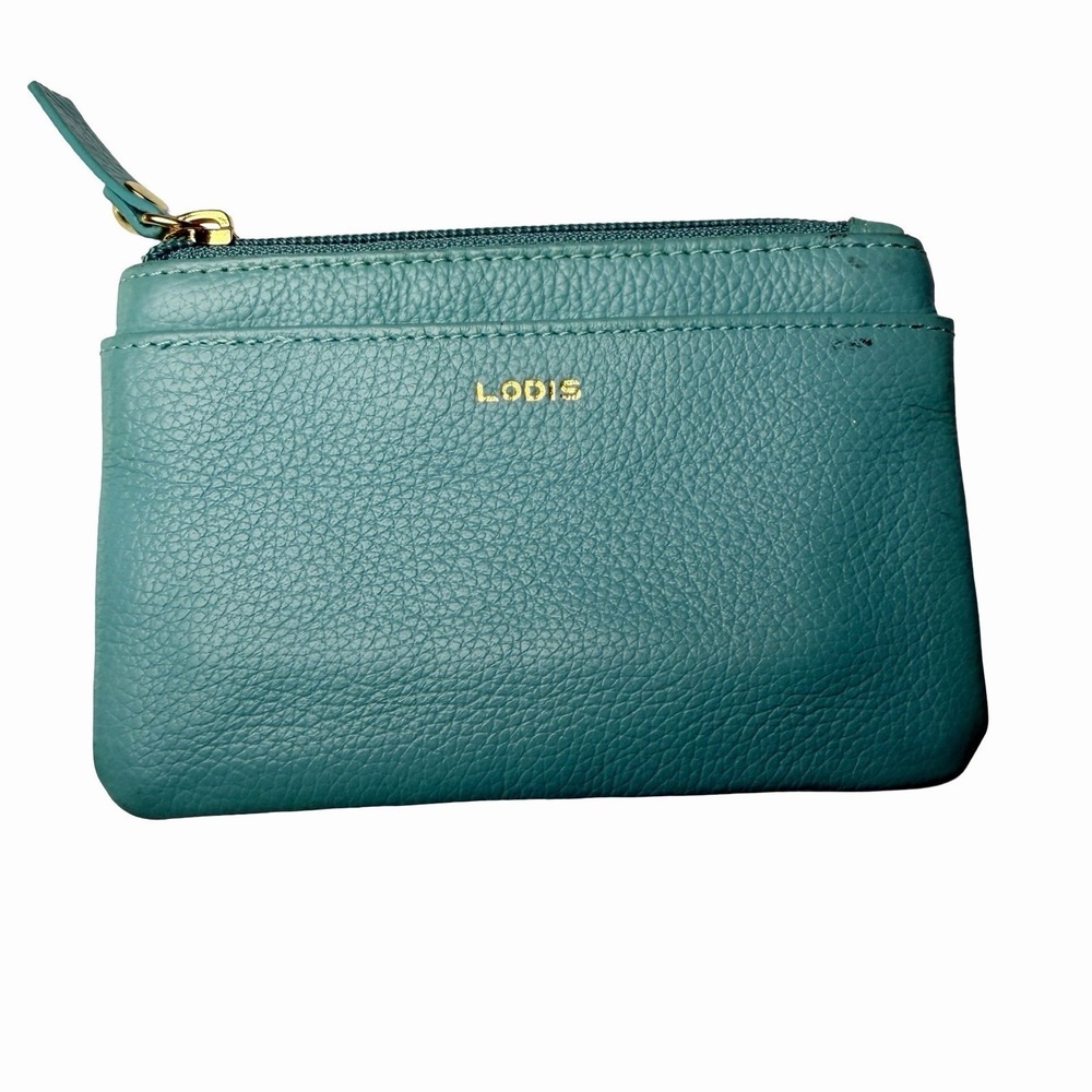 Lodis 100% Leather Zip Coin Pouch Teal Pebbled Card Holder Wallet Gold Logo